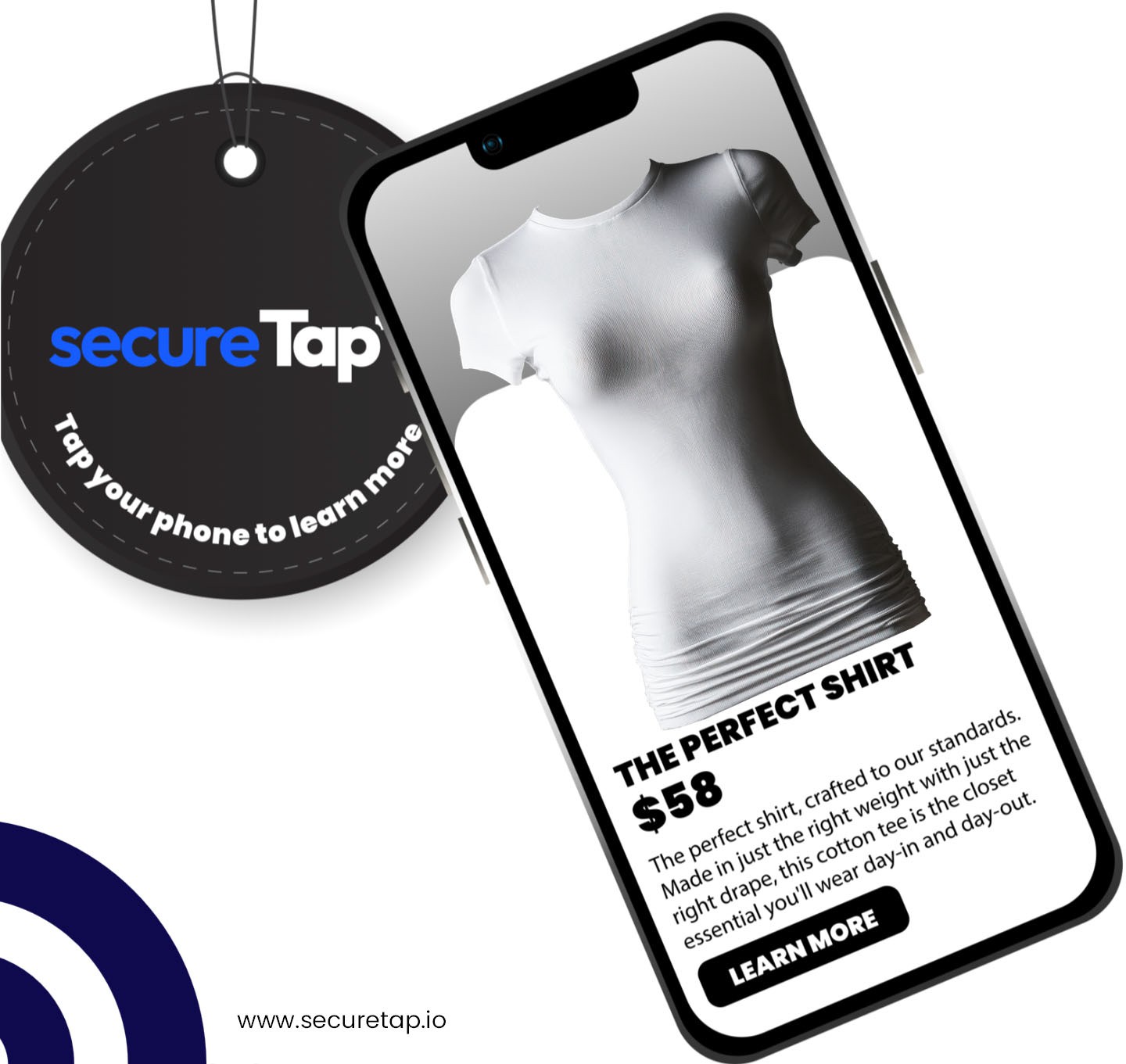 SecureTap hang tag beside a phone showing a tapped product page